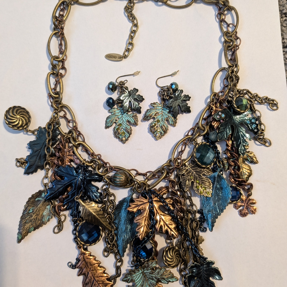 Elegant Gold and Blue Leaf Necklace, Bracelet and Earring Set